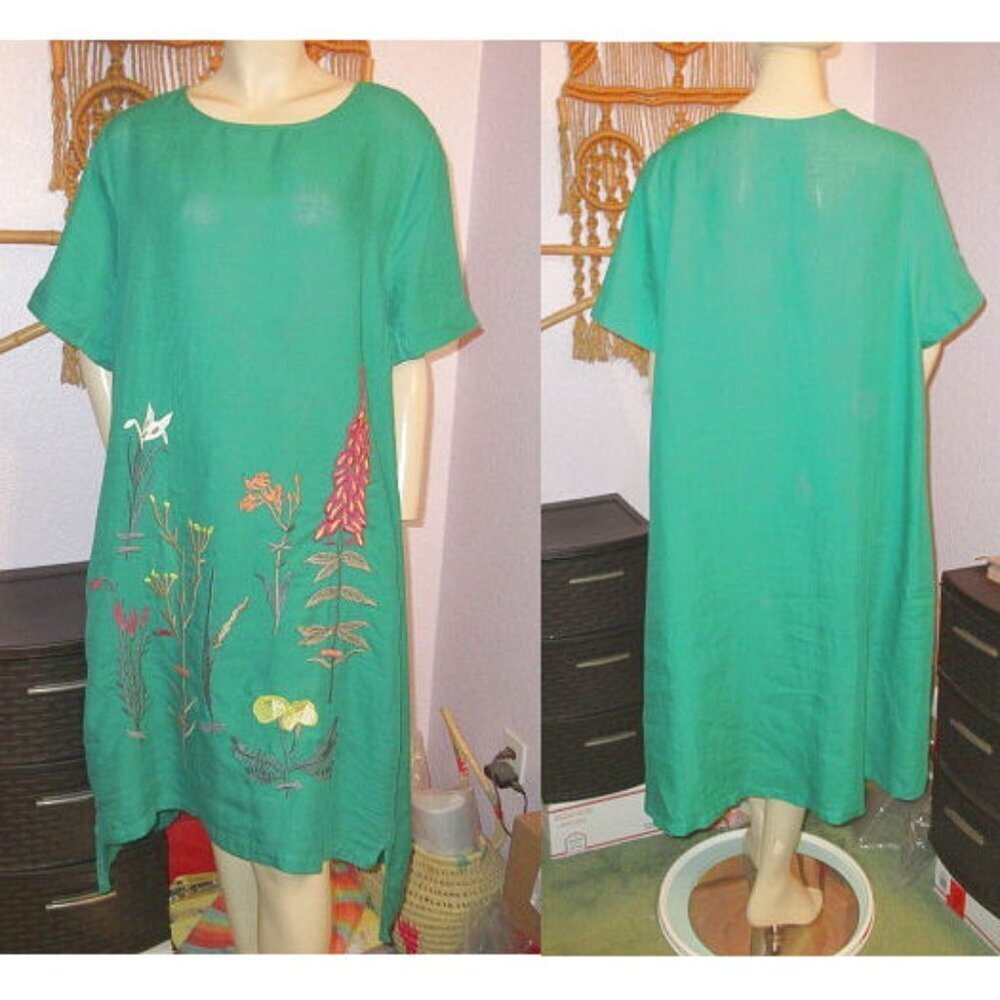 Coastal Linen Cotton Shift Dress Womens XL Pockets Kelly Green Floral Lagenlook